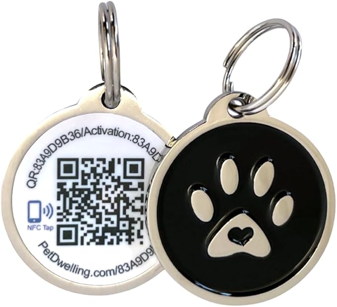 Pet Dwelling Smart Dog ID Tag – NFC & QR Code Pet ID Tag, Free Personalized Online Profile & Instant Scan Alerts (Black Paw)