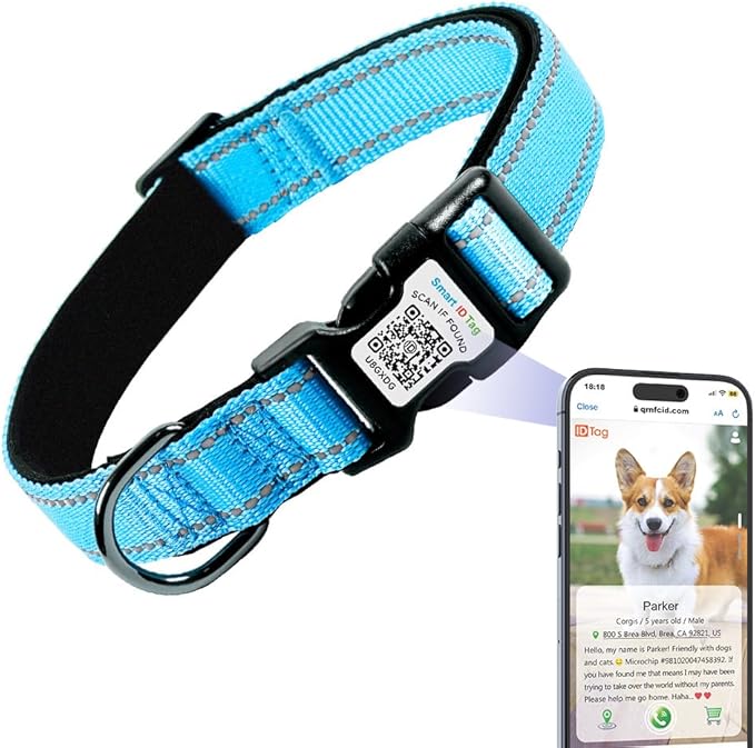 Dog Collar with AirTag Holder, QR Code Tracking, Paw Print Covers, Multi-Color (Blue)
