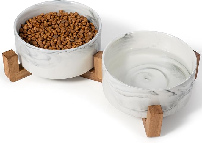 Dog Bowls Set with Wood Stand, 1.7-Cup Ceramic Puppy Bowls for Small Dogs,Weighted Food Water Bowl Set for Dog and Cat