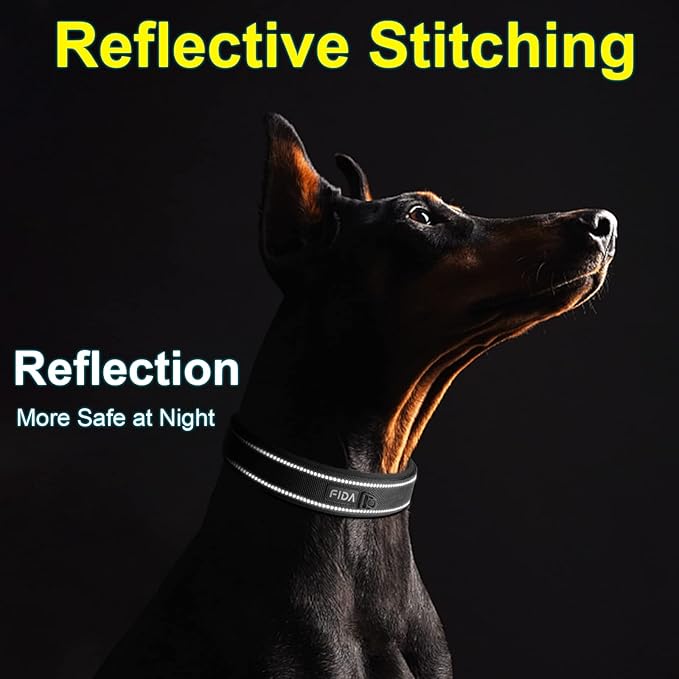 Fida Heavy Duty Dog Collar 1.5” Width, Ultra Soft Neoprene Padded, Adjustable Reflective Nylon Pet Collar with Two Metal Pin Belt Buckle for Large/X-Large Breeds (XL, Black)