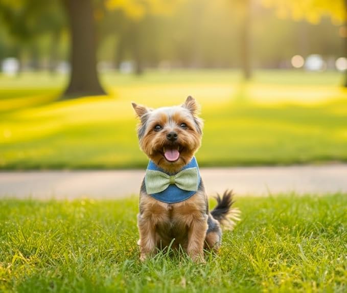 Denim Dog Bandana – Striped Bowtie, Soft & Durable Pet Scarf with Adjustable Metal Snap Buttons for Dogs & Cats (Green, X-Large)