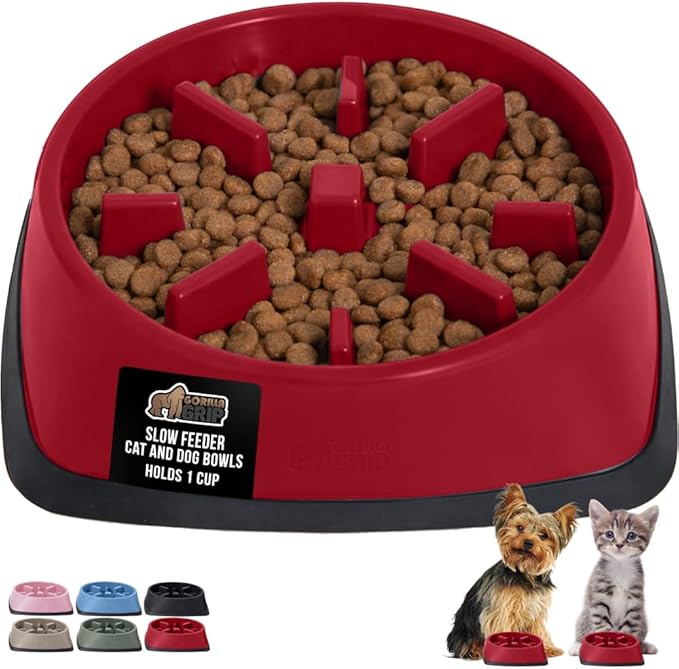 GORILLA GRIP Patented BPA Free Slow Feeder Dog Bowls, Interactive Puzzle Toy for Dogs and Cats Food Training Enrichment, Keeps Pets Busy and Prevents Puppy Overeating, Small Breeds, 1 Cup, Red