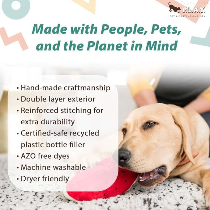 P.L.A.Y. Cute Plush Dog Toys - Tropical Paradise Summer Food Themed Durable Squeaker Chew Toy, Great for Puppies & Small, Medium, Large Dogs - Machine Washable, Recycled Materials (Wagging Watermelon)