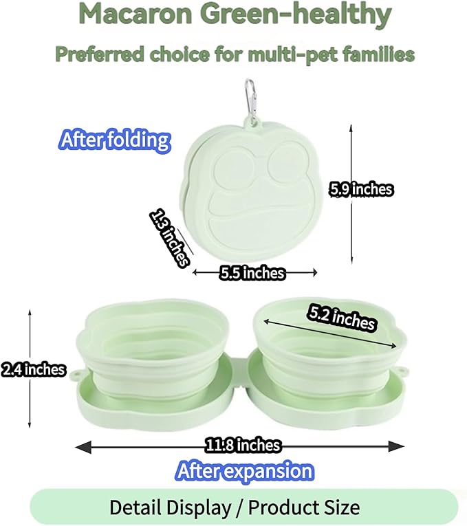 Large Dog Bowl Collapsible Dual Pet Bowl Flip Over Foldable Travel Food & Water Bowls for Dogs & Cats, Lightweight Portable 2-in-1 Double Feeder, 16.9 oz Each Bowl (Green)