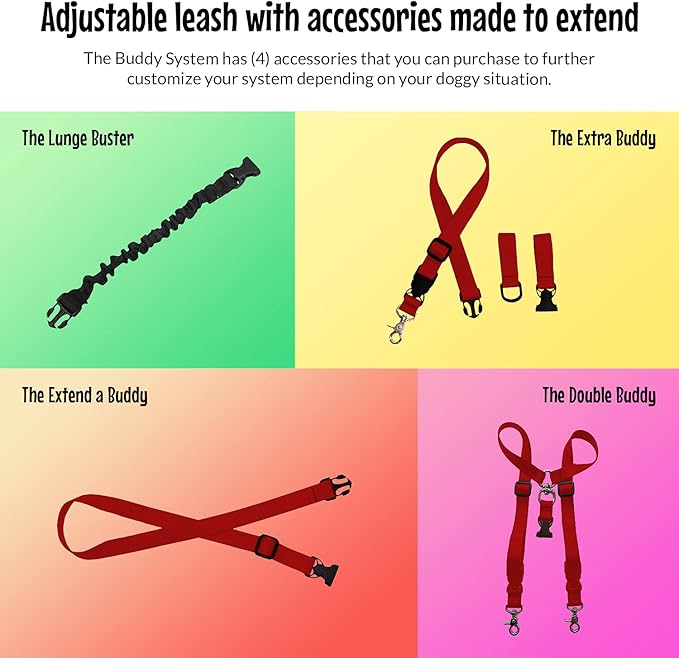 The Buddy System Hands Free Dog Leash, Adjustable Leash for Running, Jogging, Training and Service Dogs, Great for Small, Medium and Large Dogs, Made in USA (Red, X-Large Belt (33"- 60" Waist))