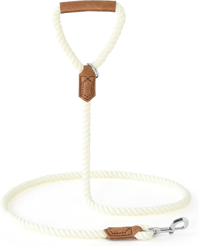 Mile High Life Dog Leash, Braided Cotton Rope Leashes with Leather Handle - Heavy Duty Metal Clasp, 4FT, 1/2" Thick - Wedding, Walking & Training Leash for Small Medium Large Dogs (White)
