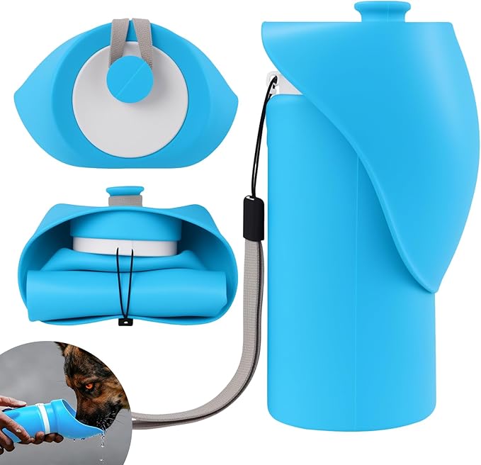 Portable Dog Water Bottle, 2-in-1 Leak Proof & Collapsible Silicone Pet Dispenser with Built-in Bowl, Food Grade Travel Cup for Walking, Hiking (19oz/550ml, Blue)