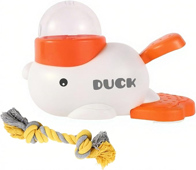 Interactive Duck Dog Treat Dispenser Toy – Slow Feeder Puzzle for Dogs with Bonus Chew Rope Toy, Tail Press Food Dispenser, Fun Training & Enrichment Feeder, Easy to Clean (White)