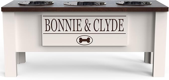 GTW Personalized Elevated Triple Dog Bowl Stand for Large, Medium, Small, X-Small Dogs - 3 Stainless Steel Food and Water Bowls - Raised Dog Dish with Internal Storage (Large, Brown)