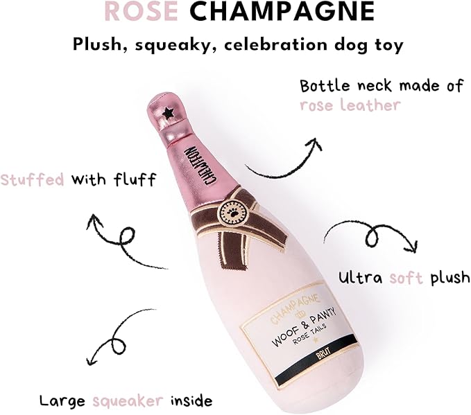CHEWFFON Dog Toy, Squeaky Dog Toys for Boredom, Plush Pet Present Chew Toy for All Breeds Dogs, Pink Champagne Shape Interactive Puppy Toys for Birthday Stimulating Gifts