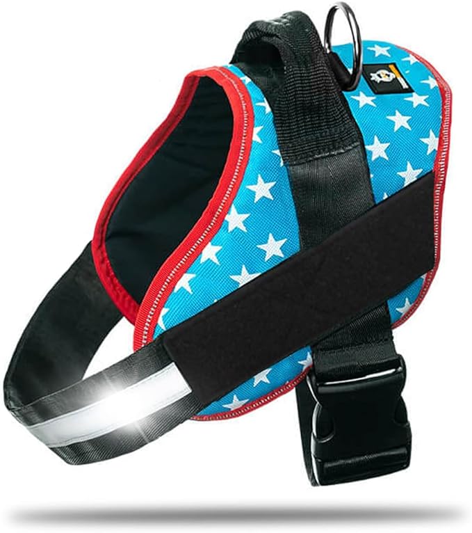 Non Pull Dog Harness with Patch Panels and Handle, Adjustable, Reflective, No Choke, Heavy Duty Easy On Service Dog Vest Harnesses for Medium Large Small Sized Dogs - Light Blue, M