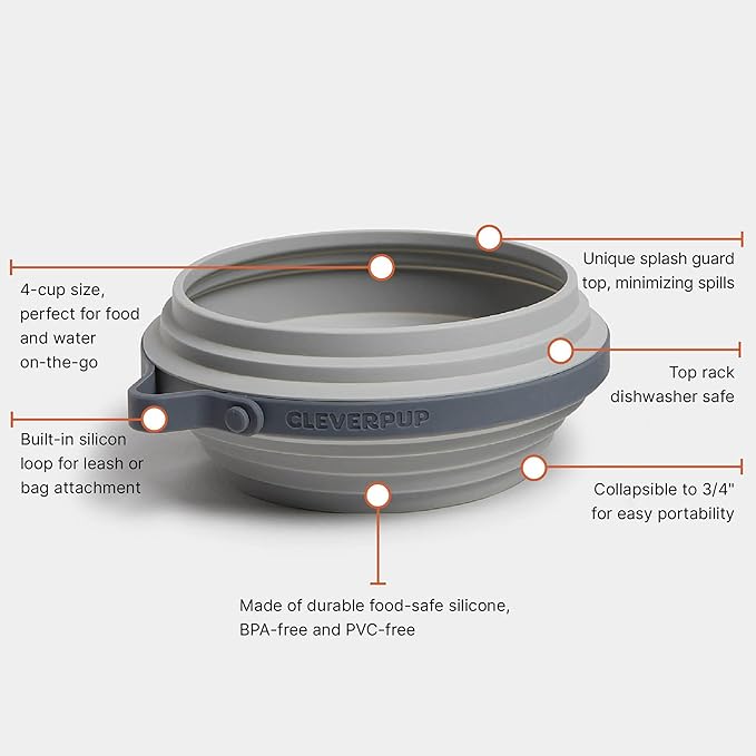 Cleverpup Nomad Large Collapsible Travel Dog Bowl - 4 Cup BPA-Free Silicone for Medium & Large Dogs, Portable, Food & Water, Dishwasher Safe - Grey