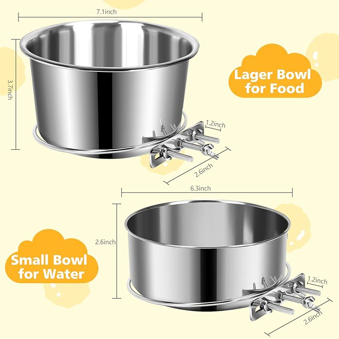 Large Dog Crate Water Bowl No Spill, 2 Pack Stainless Steel Dog Bowls for Food and Water, Pet Kennel Hanging Dogs Food Bowls for Medium/Large Dogs and Cats (7.1"x3.7" & 6.3"*2.6", Silver)