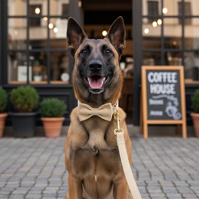 PETDURO Custom Dog Collar Personalized with Name Engraved Quick Release Rose Gold Metal Buckle for Large Medium Small Girl Dogs - Dog Leash and Bow Tie Available - Soft Comfy Velvet (Pale Brown, M)