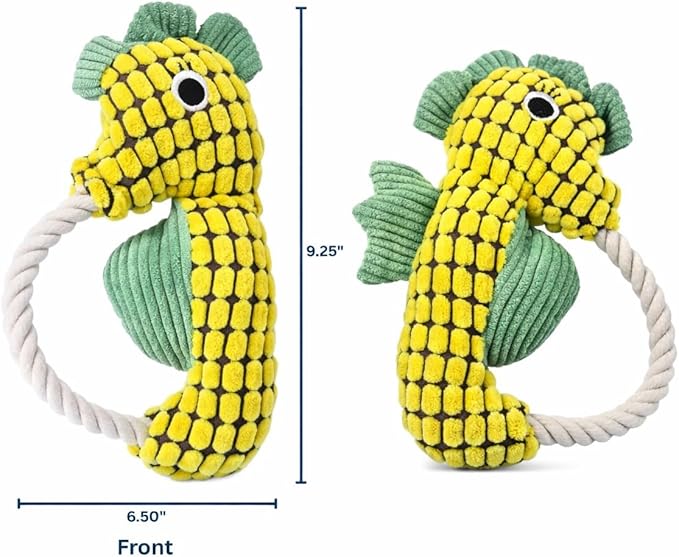 Squeaky Dog Toys for Small Medium Dogs – Adorable Seahorse Plush Rope Chew Toy with Squeaker, Durable Puppy Teething Toy for Interactive Play & Boredom Relief, 9.25 Inches