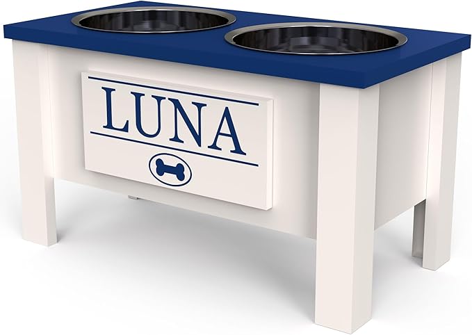 GTW Personalized Elevated Dog Bowl Stand for Large, Medium, Small, X-Small Dogs - Stainless Steel Food and Water Bowls - Raised Dog Dish with Internal Storage (Large, Blue)