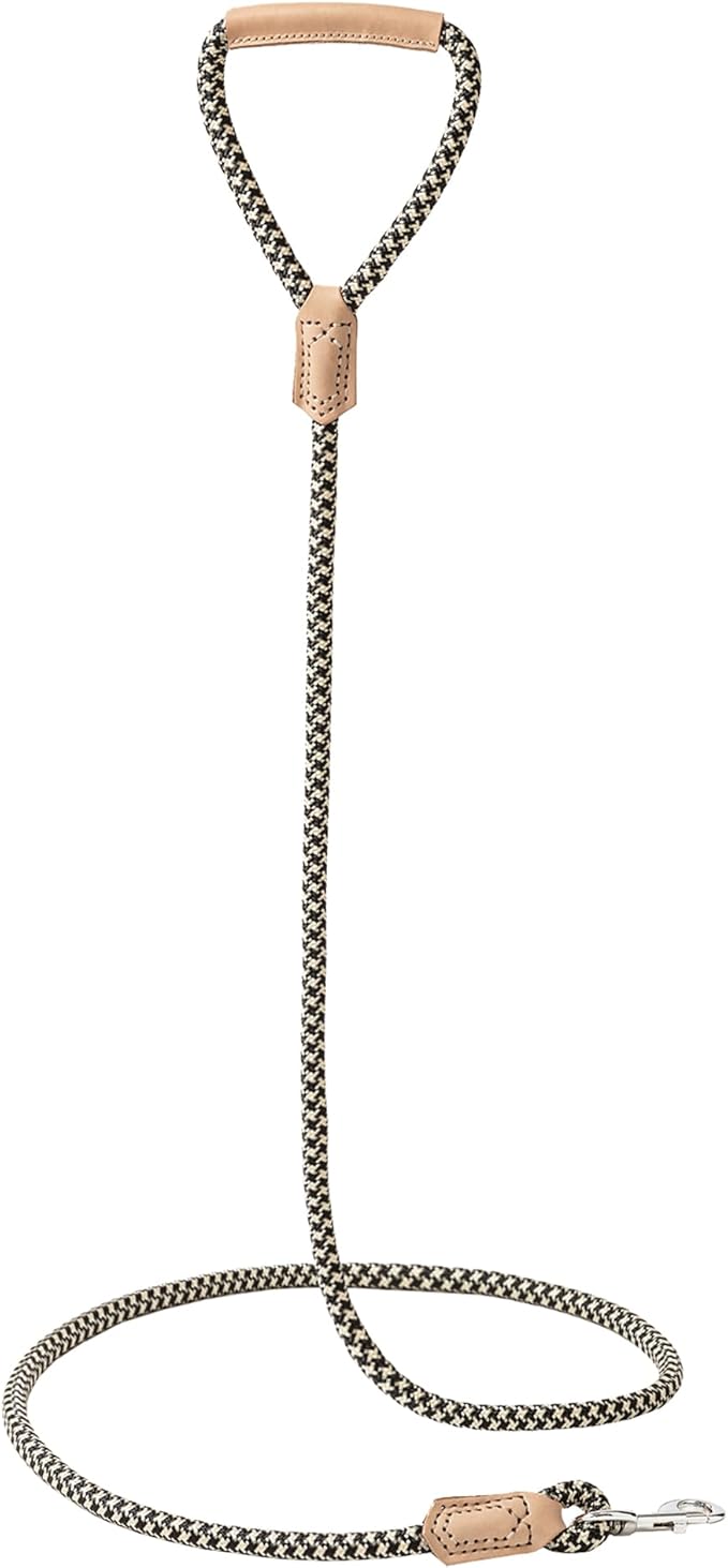 Mile High Life Rope Leash with Genuine Leather Grip and Connection, 6 FT/5 FT/4 FT, Heavy Duty Leash for Small Medium & Large Dogs(Black Khaki,48 Inch)