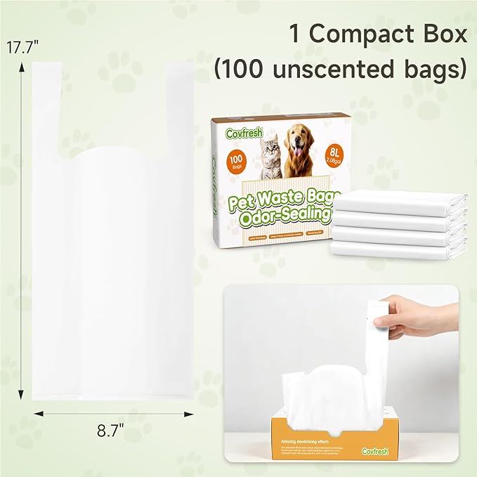 Odor-Sealing Dog Poop Bags with Handles 100 Count Pet Waste Bags, Large Capacity & Unscented Poop Bags for Dogs or Cat Litter, Conceals Smell & Mess (White)