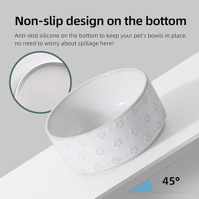 7.3inch Ceramic Raised Dog Bowl Set, Elevated with Acacia Wood Stand, Food and Water Bowl for Medium Breed Dogs, Weighted Dog Dishes, Pet Bowl(41OZ, Arctic White)