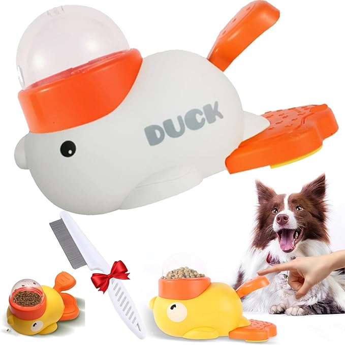 Dog Feeder Puzzle Toy Duck, Dog Treat Dispenser Toy, 2-in-1 Interactive Slow Feeder & Puzzle Treat Dispensing Dogs Toys, Rubber Food Dispenser for Medium and Large Dogs (White)