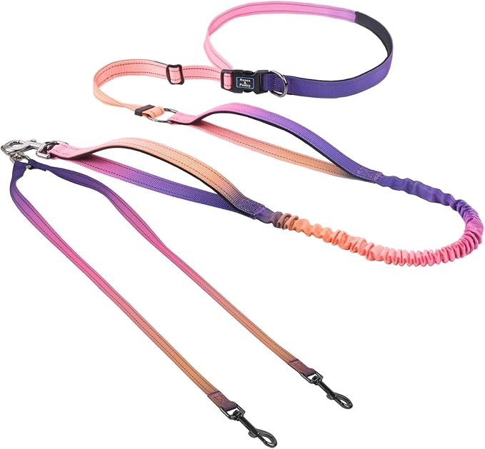 Roses&Poetry Hands Free Double Dog Leash for Two Dogs, 9-11ft Adjustable Bungee Walking Waist Lead, Dual Dogs Leash with Tangle-Free Swivel for Medium Large Dog Heavy Duty Running(Mistyrose)