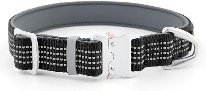 Plutus Pet Reflective Dog Collar with Aviation Aluminum Buckle, Neoprene Padded for Comfort, Lightweight, Heavy Duty Nylon Collar for Puppy Small Medium Large Dogs (Black, XL)