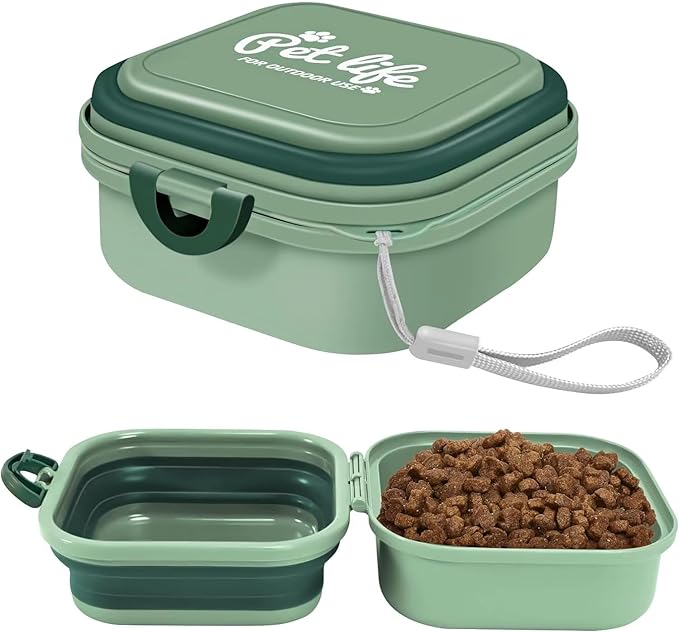 2-in-1 Collapsible Dog Bowl with Lid, BPA-Free Food Grade Material, Portable Travel Container, Green