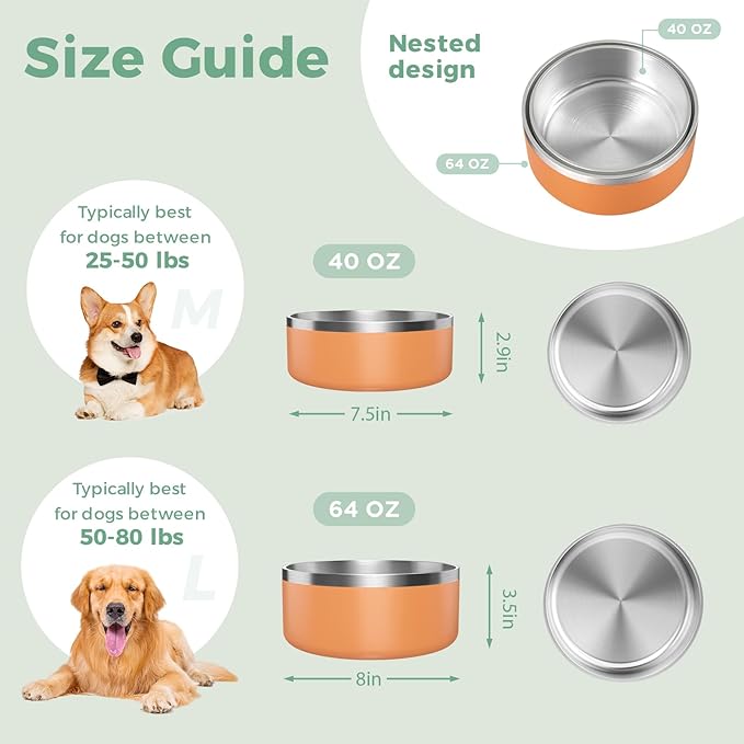 LIHONG Stainless Steel Dog Bowls for Large Dogs,Dog Food Water Bowls with Non Slip Rubber Bottom,Pet Feeding Bowl,Double Wall Insulated,Rustproof(64oz,Orange)