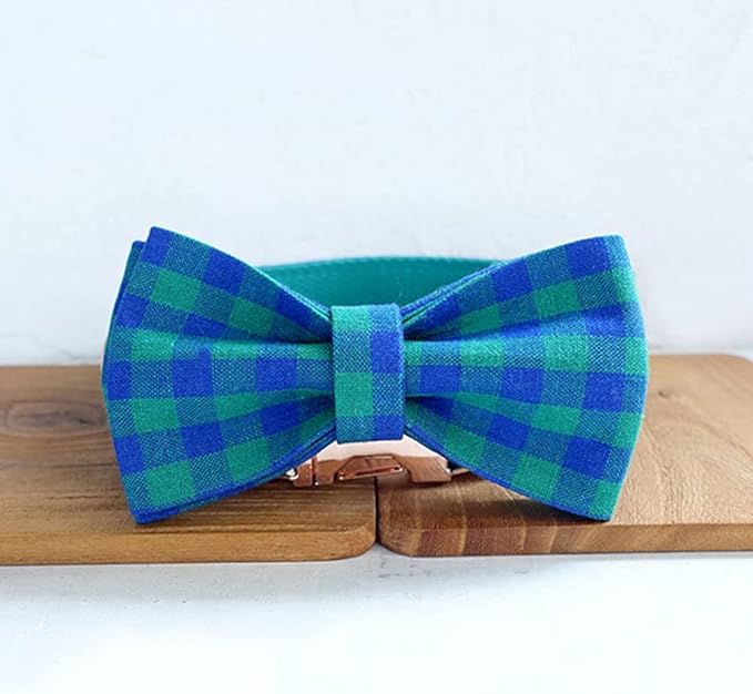 PETDURO Personalized Checkered Plaid Dog Collar Green Blue - Engraved Name and Phone Number on Gold Metal Buckle - Custom for Small Medium Large Boy Girl Dogs - Add Leash Bow Tie via Customize Now