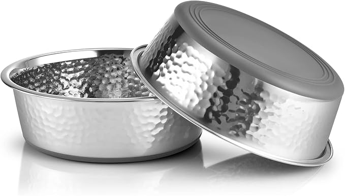 URBUDDIES 2 Pack Hammered Stainless Steel Dog Bowls, Premium Metal Dog Bowls with Non Slip Rubber Bottom, Dishwasher Safe, Easy to Clean, 11 Cup, Gray Bottom
