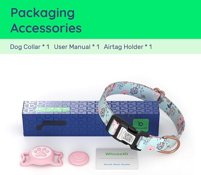 WhoseID Airtag Dog Collar,with Waterproof airtag Holder，Original Stylish Cute Pattern Design.QR Code ID Buckle，Comfortable Soft Cotton for Small Medium Large Dogs