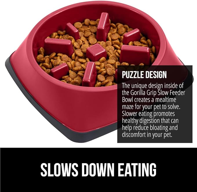 GORILLA GRIP Patented BPA Free Slow Feeder Dog Bowls, Interactive Puzzle Toy for Dogs and Cats Food Training Enrichment, Keeps Pets Busy and Prevents Puppy Overeating, Small Breeds, 1 Cup, Red
