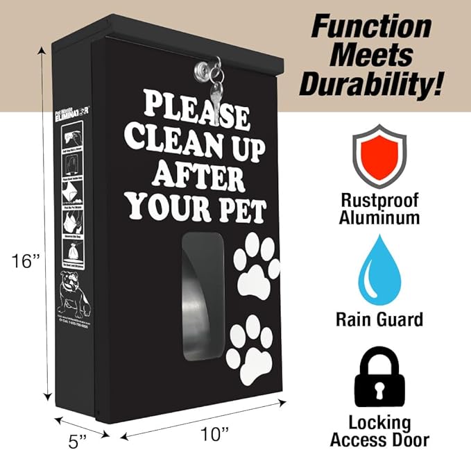 Dog Waste Bag Dispenser - Paw Prints Black Design, Rustproof Aluminum, Lock & Rainguard - Fits Header & Roll Bags - Station/Wall/Pole/Fence Mount