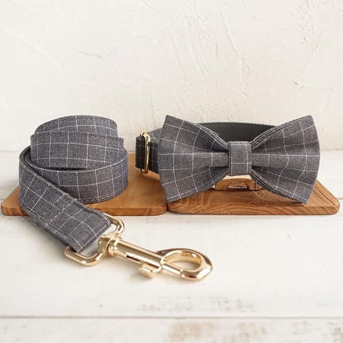 PETDURO Personalized Windowpane Plaid Dog Collar Gray - Engraved Name and Phone Number on Gold Metal Buckle - Custom for Small Medium Large Boy Girl Dogs - Add Leash Bow Tie via Customize Now