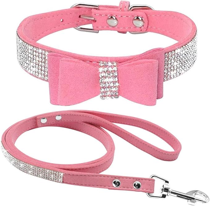 Cute Dazzling Sparkling Elegant Fancy Soft Suede Leather Bling Rhinestone Crystal Jeweled Pet Cat Dog Puppy Collar Dog Leash Combo Set (S(Neck 10-12.5"), Pink-1)