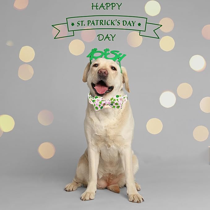 Elegant little tail St Patrick's Dog Collar, Cute Colver Cotton Shamrock Pet Collar Trefoil Soft Puppy Collar Pink Holiday Adjustable Cotton Pet Collar with Bow for Small Medium Large Dogs
