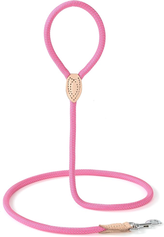Mile High Life Rope Leash with Genuine Leather Connection, 6 FT/5 FT/4 FT, Heavy Duty Leash for Small Medium & Large Dogs (Hot Pink,60 Inch)