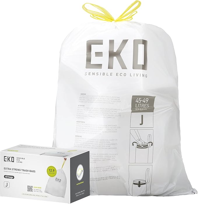 EKO 12.9 Gallon / 45-49 Liter, 60 Count Drawstring Trash Bags, Extra-Strong Unscented Garbage Bags, Easy-Dispense Roll for Kitchen & Household Use, Resists Tears, Leaks and Punctures, Code J, White