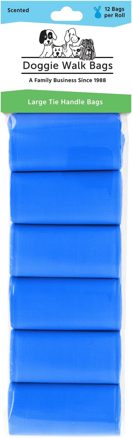 Large Dog Waste Bags on a Roll with Easy Tie Handles, Extra Thick and Strong Poop Bags, 72 Count, Scented, 5.5 x 5.5 x 17 Inches