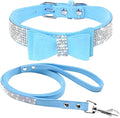 Cute Dazzling Sparkling Elegant Fancy Soft Suede Leather Bling Rhinestone Crystal Jeweled Pet Cat Dog Puppy Collar Dog Leash Combo Set (XS(Neck8-10), Light Blue-1)