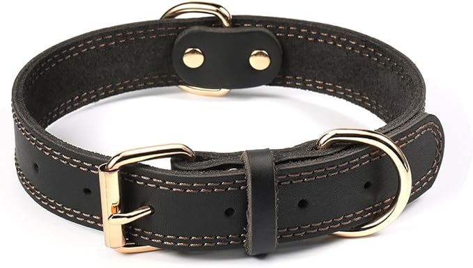 Genuine Leather Dog Collar, Heavy Duty Wide Dog Collar for Small, Medium, Large and Extra Large Dog (M: 1" Wide for 15.2"-19.2" Neck, Dual Stitch - Black)