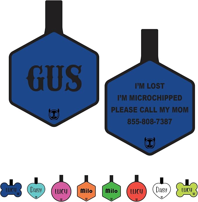 Silicone Silent Dog Tag Personalized with 5 Lines of Custom Deep Engraved Durable Soundless Pet ID Name Tag Hexagon Blue