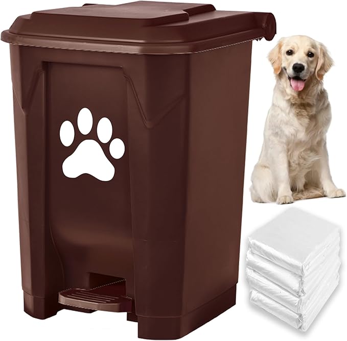 tebiete Dog Poop Trash Can Outdoors Pet Waste Station with Lid Dog Waste Disposal Container with Removable Inner Bin Bucket Hands-Free Pedal Garden Yard Home with Waste Bags, Brown