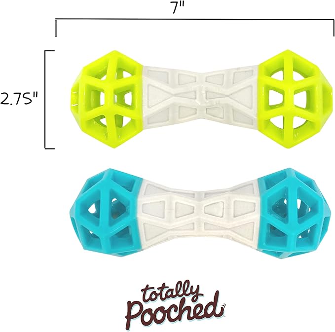 Messy Mutts Totally Pooched Flex n' Squeak Dumbbell | 7” Foam Rubber Dog Toy with Squeaker | Made for Tough Chewers | Interactive Treat Puzzle for Dogs | Grey/Green