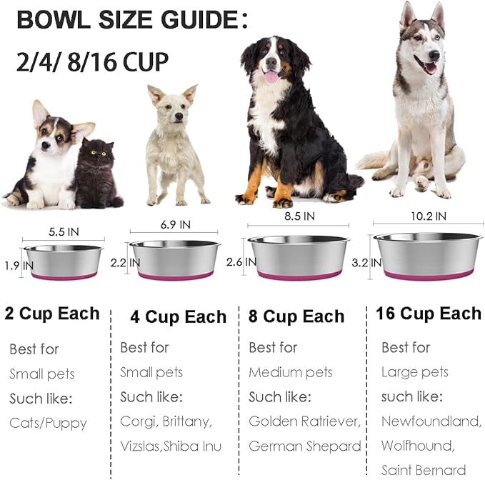 Deep Stainless Steel Non-Skid Dog and Food Bowls, Each Holds Up to 8 Cups, Set of 2 Packs(8.5 x 2.6 Inches)