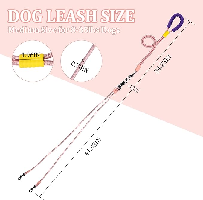 Double Dog Leash No Tangle, Adjustable Split Leads Dual Pet Walking Leash with Comfortable Padded Handle for Two Dogs, Hands - Free Dual Leashes for Small/Medium Pets (Pink, Double Leashes)