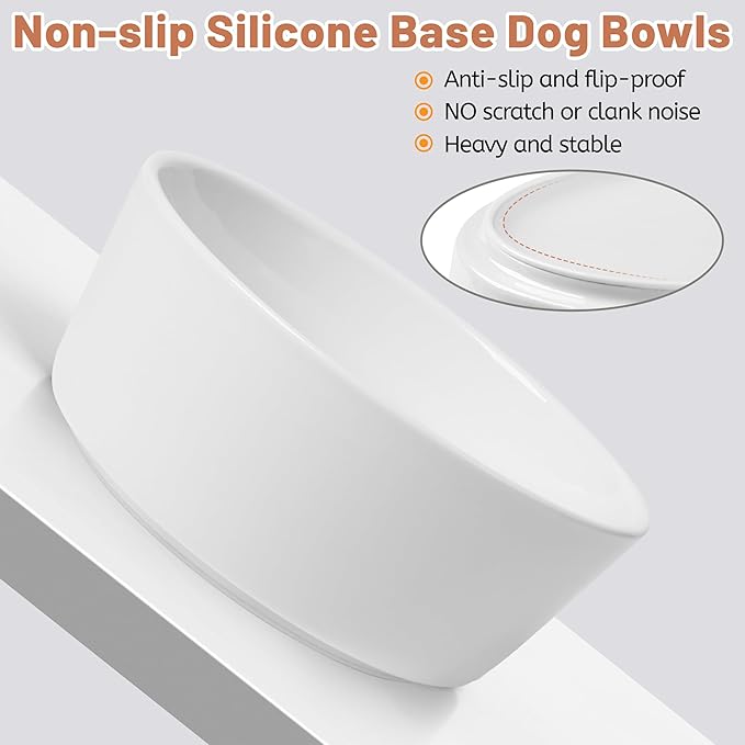 Small Dog Bowls, Non Slip Ceramic Dog Food and Water Bowsl with Silicone Base, Heavy Pet Feeding Bowl for Cats, Puppies and Small-Sized Dogs (White-2 Pack, 6 Inches)