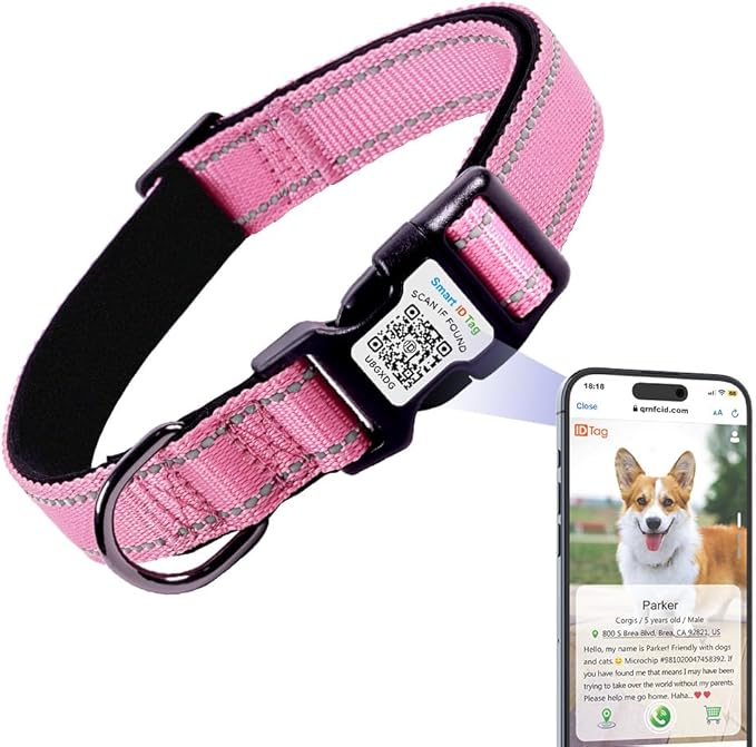 Dog Collar with AirTag Holder, QR Code Tracking, Paw Print Covers, Multi-Color (Pink)