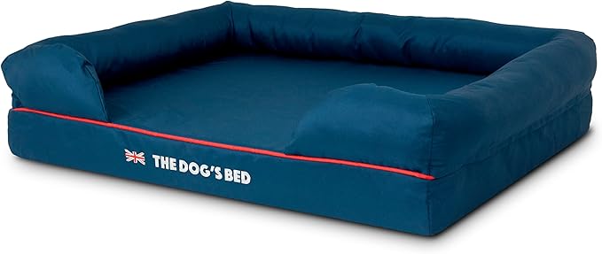 The Dog’s Bed Orthopedic Memory Foam Dog Bed with Bolsters, Oxford Fabric, Blue with Dark Red Trim, Large