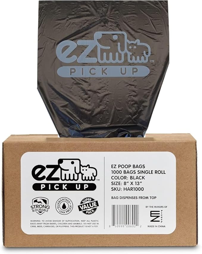 EZ Pick Up 1000 Count Dog Waste Poop Bags, Unscented Single Roll, Heavy Duty, Improved Thickness (Black - 1000ct)
